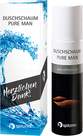Emballage cadeau blanc et flacon noir de mousse de douche « Spitzner » Pure Man, côte à côte. Emballage avec éclaboussures d'eau bleues et la mention « Merci beaucoup ! ». Flacon à bouchon blanc, « rafraîchissant et acidulé » et feuilles orange.