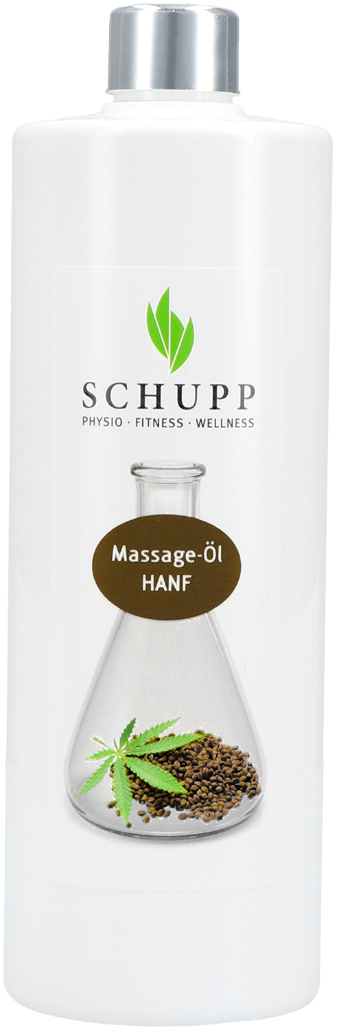 Flacone bianco di olio da massaggio Schupp con tappo argentato. Etichetta con logo e scritta «PHYSIO FITNESS WELLNESS». Immagine di un matraccio Erlenmeyer con foglia e semi di canapa, scritta «Olio da massaggio CANAPA».