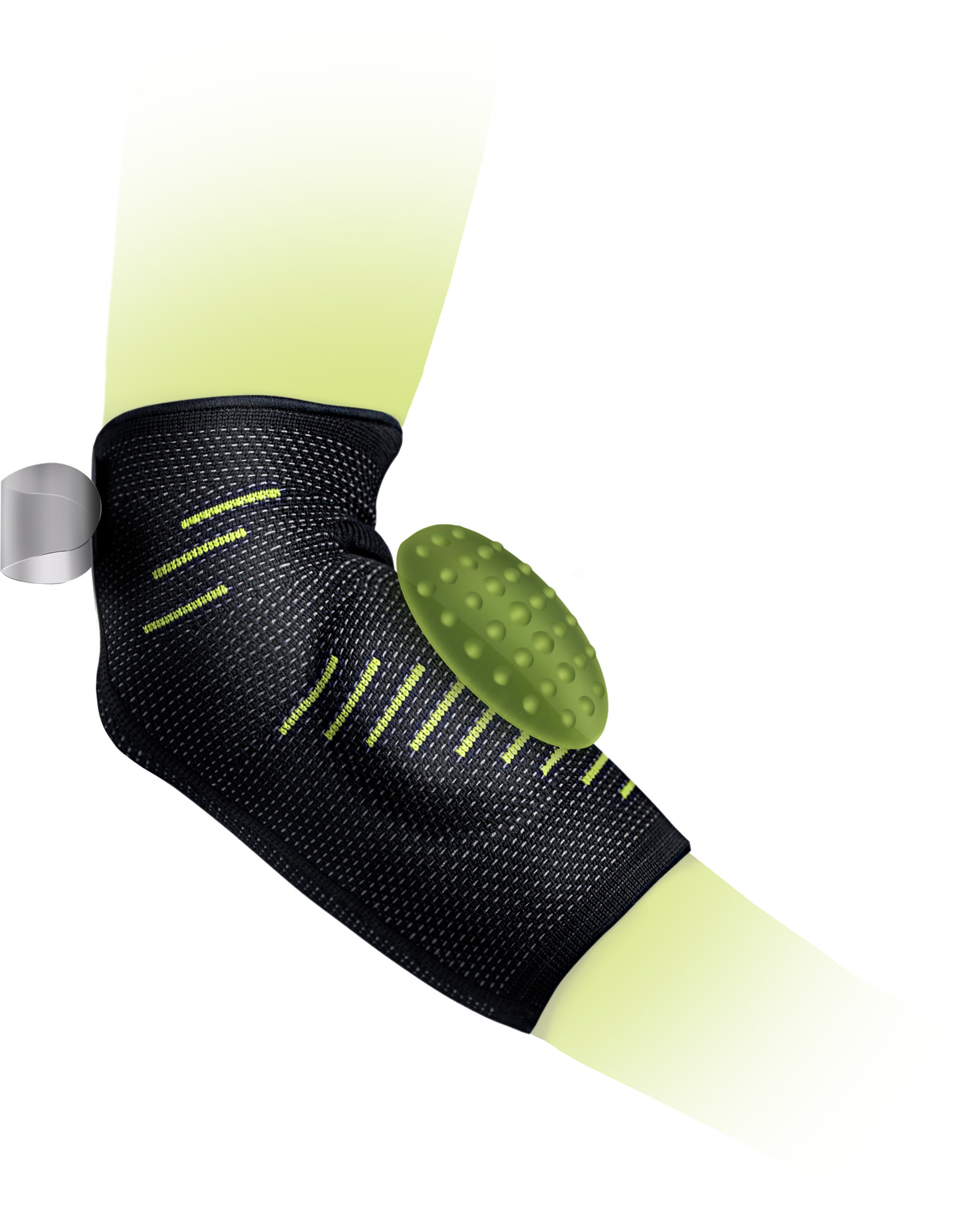 A black elbow support with yellow stripes wraps around a slightly bent arm. A green, dimpled gel pad is integrated on the outside. DermaPlast Active Epi Soft Plus size 4 provides support and relieves pressure on the elbow joint.