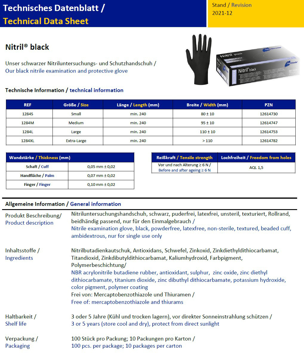 Technisches Datenblatt: schwarze Nitril-Einweghandschuhe von Meditrade. Tabelle mit Massen (Grösse, Länge, Breite, Wandstärke), Reissfestigkeit, Lochfreiheit. Abbildungen von Handschuh und Verpackungsbox; Infos zu Inhaltsstoffen, Haltbarkeit, Verpackung.