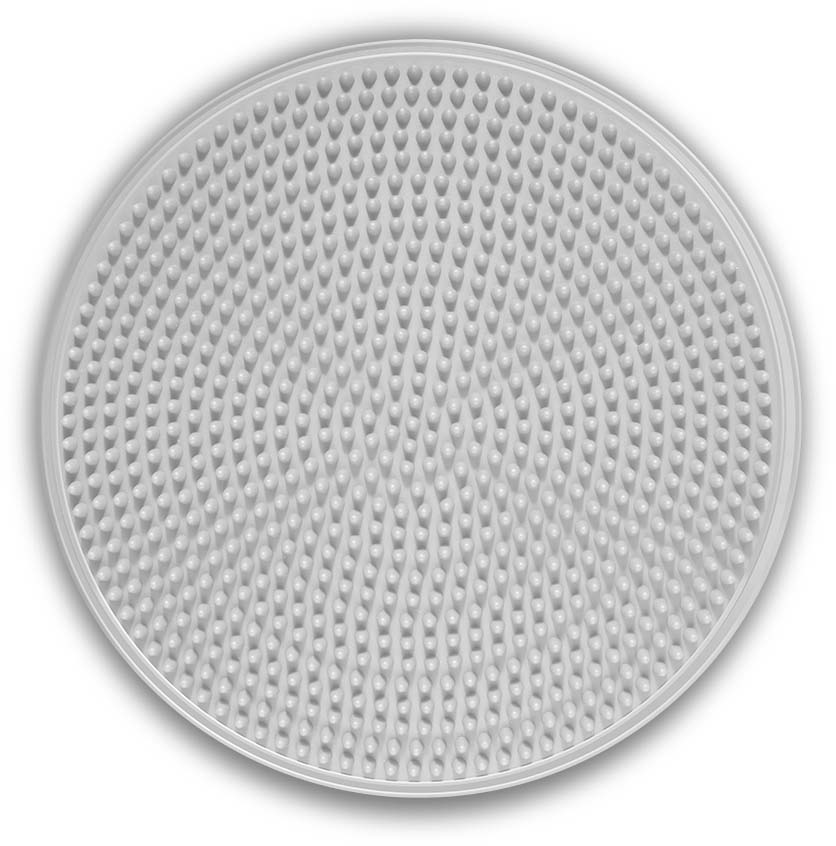A round, light grey balance cushion with a surface entirely covered in nubs. Numerous soft, rounded nubs are evenly distributed, providing a stimulating, unstable surface. The edges are smooth and slightly raised.
