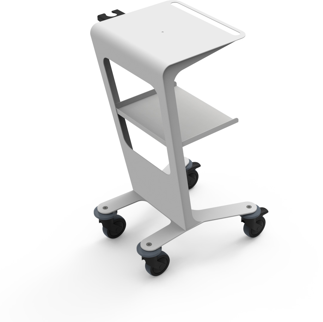 Modern, light grey qmd therapy trolley with two shelves and four swivel castors. The upper shelf is larger, with slightly raised edges and a small black bracket. Sturdy and easy to manoeuvre, designed for qmd laser and cryotherapy devices.