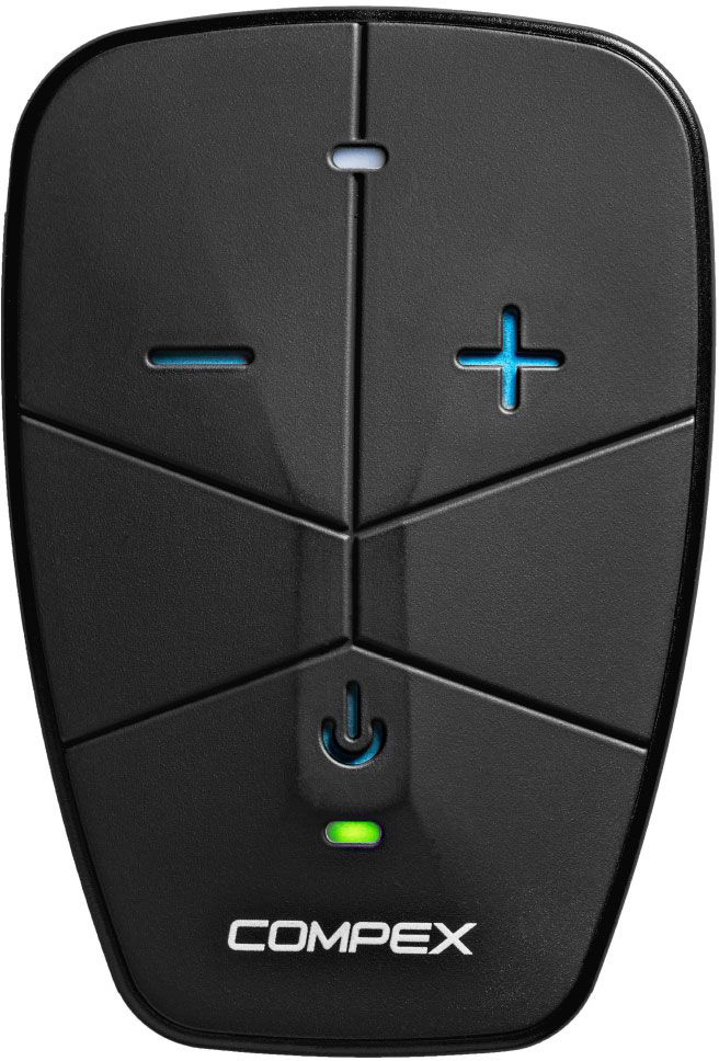 Black Compex CoreBelt 5.0 control unit with LED display, +/- intensity buttons and on/off symbol; green status LED and Compex logo at the bottom.