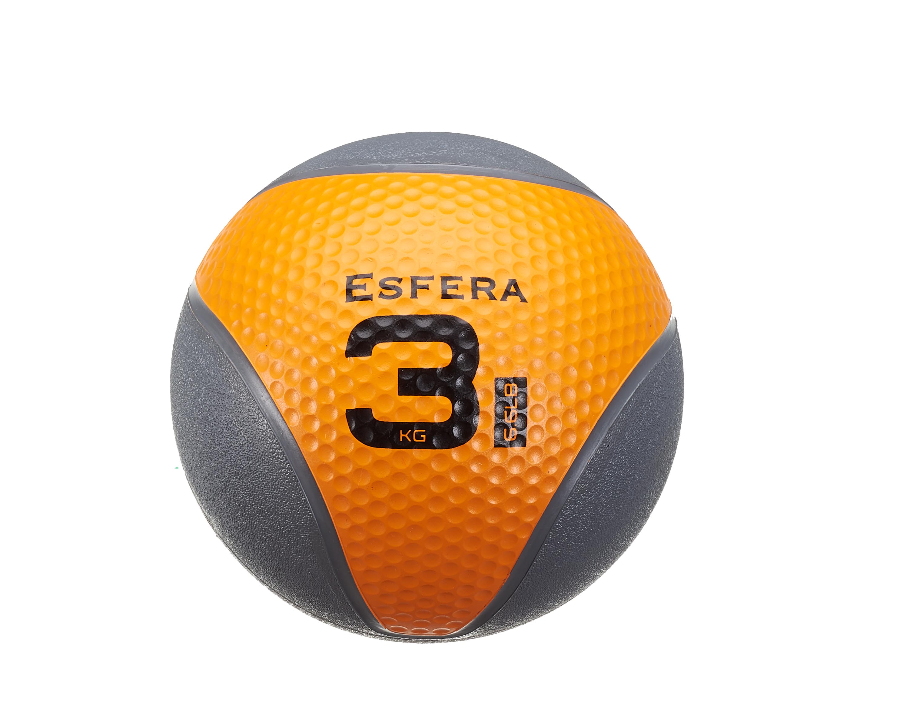 Ballon médicinal Esfera orange à picots, faces latérales grises. Un grand « 3 » noir et la mention « KG » à l'avant indiquent un poids de 3 kg. Robuste et polyvalent, idéal pour fitness et rééducation.