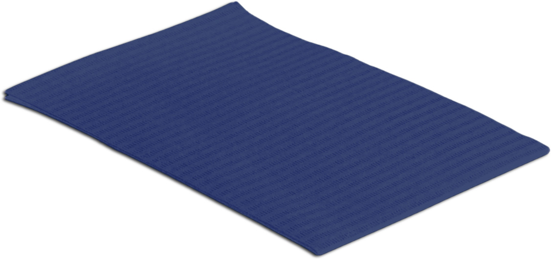 Eine dunkelblaue Einmal-Patientenserviette liegt leicht gewellt und diagonal auf einem weissen Hintergrund. Die Oberfläche ist fein gerillt, was auf das saugfähige Papiermaterial hindeutet, das zum Schutz des Patienten dient.