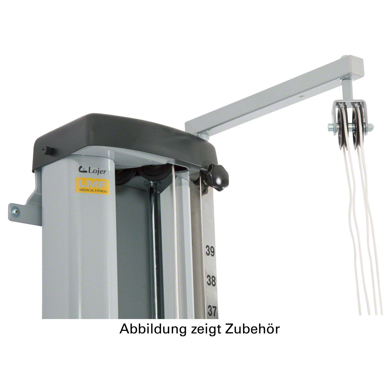 Close-up of a grey cable machine with a horizontal crossbar. At the end of the arm is a pulley system with several white cables for vertical training. A scale (39, 38, 37) and the Lojer MEDICAL FITNESS logo are visible.