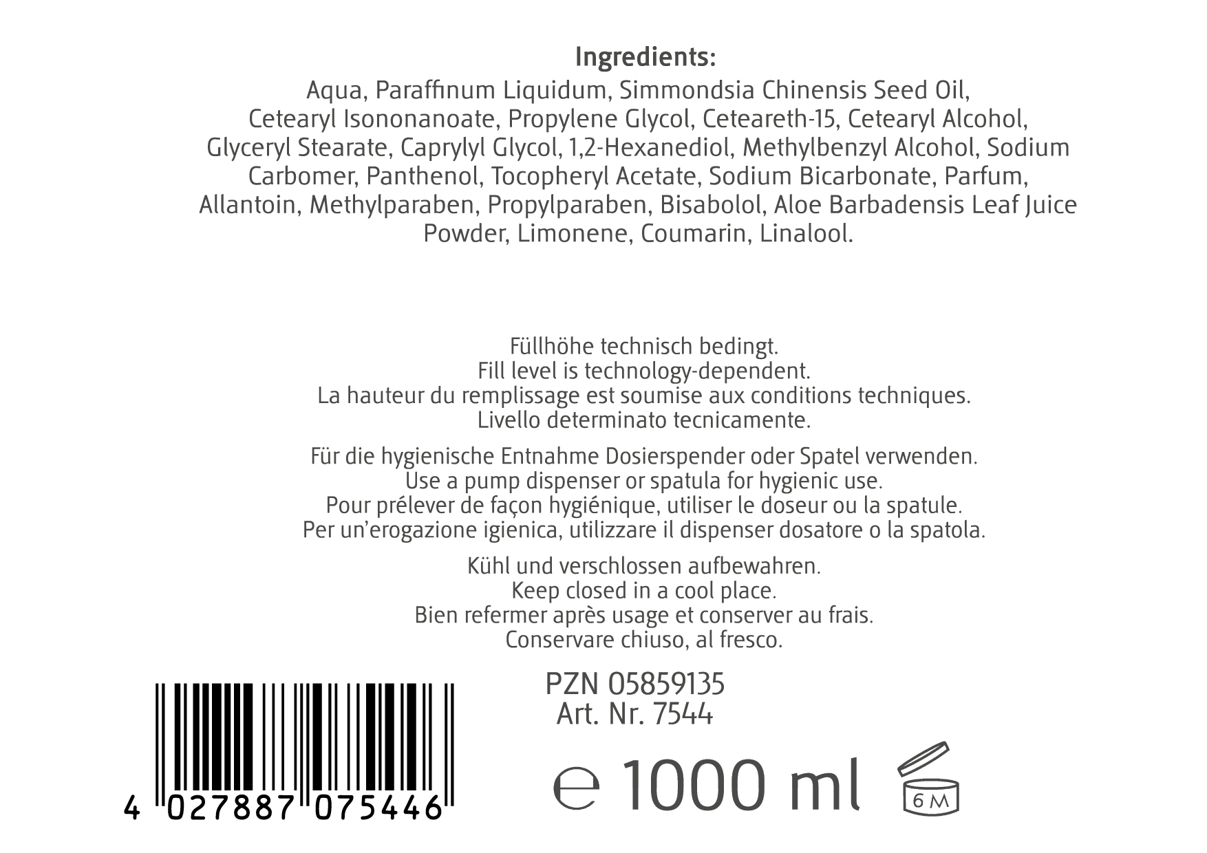 Etichetta dettagliata di crema da massaggio neutra (1 L). Include elenco completo degli ingredienti curativi, indicazioni per prelievo e conservazione igienici, volume 1000 ml, numero di lotto e simbolo di durata «6M».