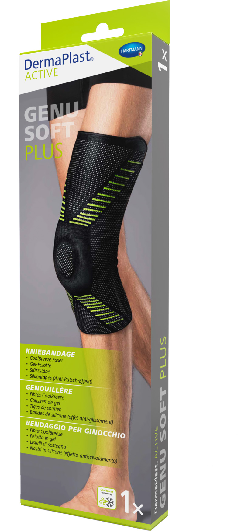 Black, close-fitting knee support with neon-green stripes and a round gel pad at the slightly bent knee. Breathable DermaPlast Active Genu Soft Plus material for high wearing comfort. Stabilises and relieves pressure on the knee joint.