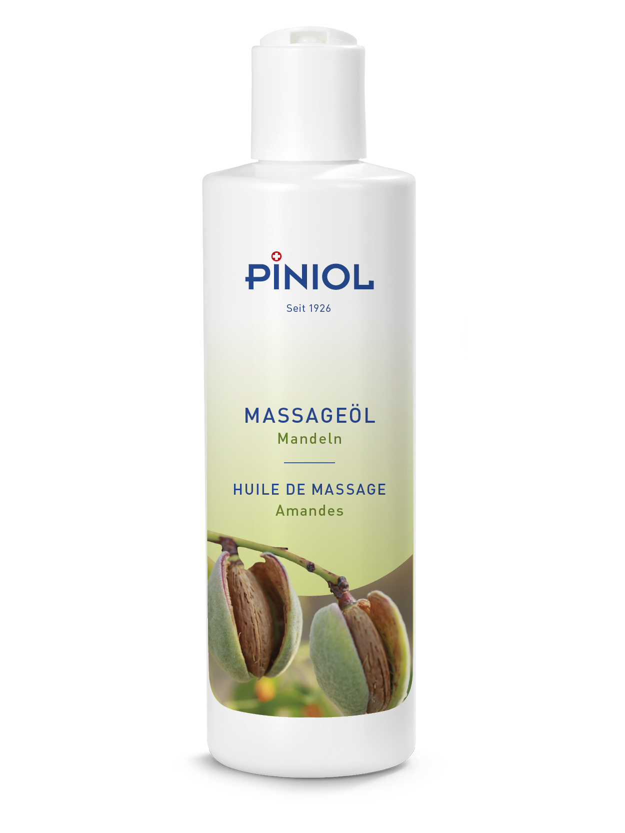 White ‘ Piniol ’ massage oil bottle with a white flip-top cap. Label featuring the ‘ Piniol ’ logo, ‘MASSAGE OIL Almonds’ and ‘HUILE DE MASSAGE Amandes’. At the bottom, two green almonds on a branch, one of which is split open to reveal a brown kernel.