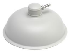 Elettrodo a vuoto Vacustop grigio chiaro, semisferico (Ø 9 cm). In alto piccolo innesto cilindrico con connettore metallico lucido laterale per collegamento all'apparecchio. Base piatta con bordo leggermente rialzato.