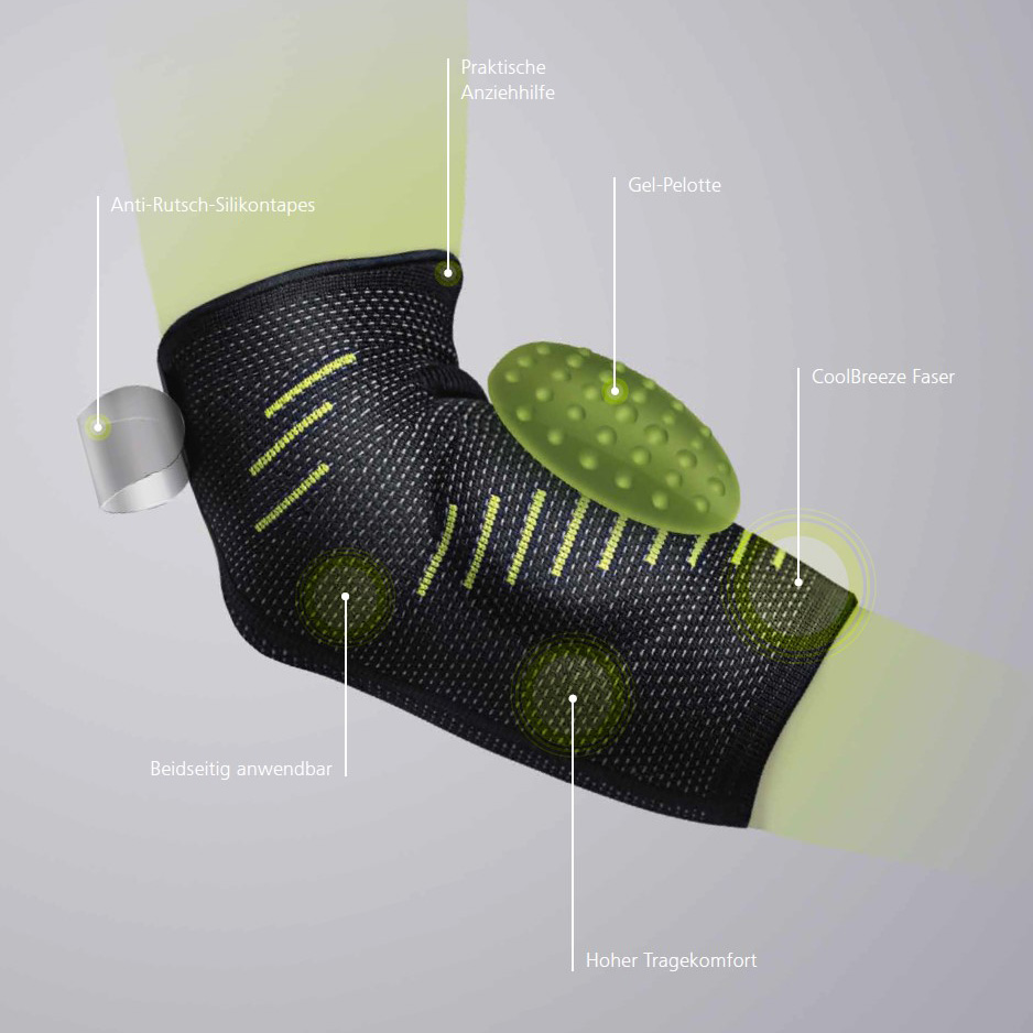 Black elbow support with neon-yellow patterns and a green, dimpled gel pad on the arm. Features a donning aid, non-slip silicone strips and breathable CoolBreeze fibres. Can be worn on either arm and relieves pressure on the elbow joint.