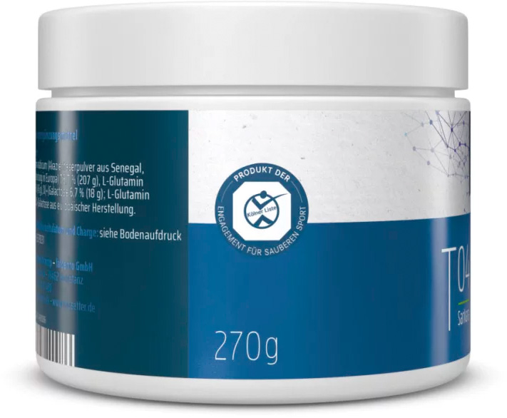 Pot cylindrique blanc avec couvercle à vis pour le complément alimentaire T04 Sakara. Étiquette bleu foncé : à gauche, les ingrédients tels que la fibre d'acacia et la glutamine ; au centre, le logo « Liste de Cologne » ; à droite, T04 Sakara, 270 g.