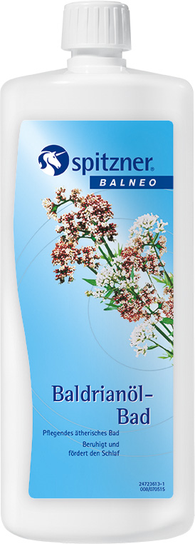 Flacon rectangulaire blanc de bain ; étiquette bleu clair avec valériane en fleur (blanc, brun-rouge). Logo Spitzner (licorne) ; texte : « Bain à l'huile de valériane », « Nourrissant », « Apaise et favorise le sommeil ».