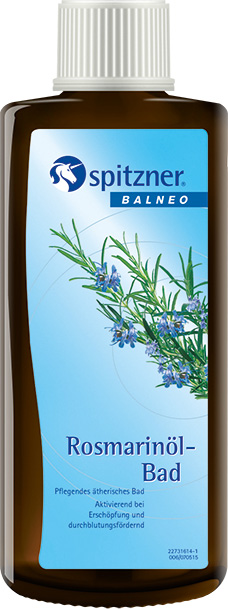 Flacon marron foncé avec bouchon à vis blanc. Étiquette bleu clair avec brins de romarin verts et petites fleurs bleues. Mention « Spitzner BALNEO » et « Bain à l'huile de romarin », tonifiant, stimulant la circulation sanguine.