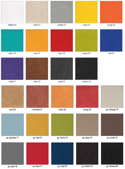 30 campioni quadrati in ecopelle per lo sgabello da lavoro con seduta allungata. Superficie martellata, nome e numero del colore. Gamma dalle tonalità chiare ai rossi e blu intensi fino al nero scuro.