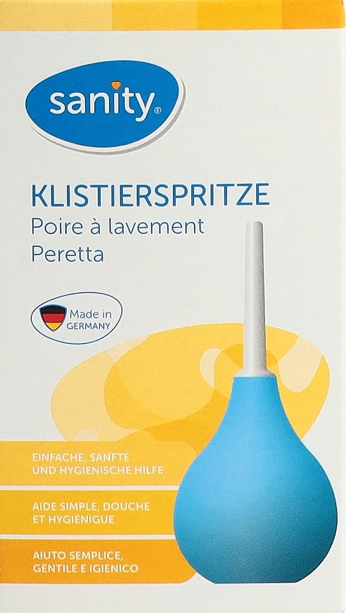 Sanity Seringue pour lavement : boîte jaune et blanche avec un logo bleu, « Made in Germany ». Illustration d'une seringue bleue en forme de poire avec un embout. Texte : « Une aide simple, douce et hygiénique ».