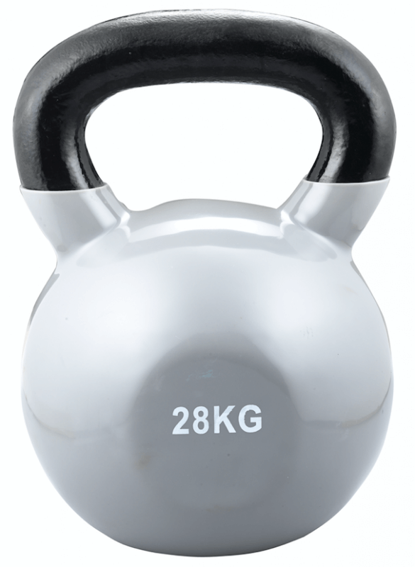 Kettlebell gris (28 kg) avec poignée en fonte noire et inscription « 28 kg » en blanc ; revêtement en vinyle, bonne prise en main et polyvalent pour la musculation et le fitness.