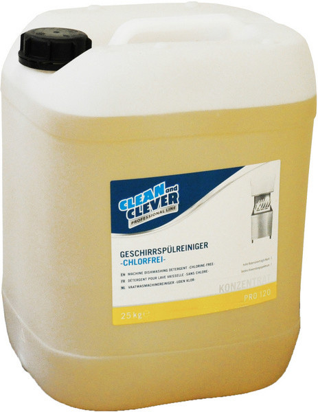 Grand bidon blanc semi-transparent muni d'un bouchon à vis noir, contenant un liquide jaune clair. Étiquette bleue et jaune : « Clean and Clever PROFESSIONAL LINE », « DÉTERGENT POUR LAVE-VAISSELLE - SANS CHLORE - », 25 kg, PRO 120.