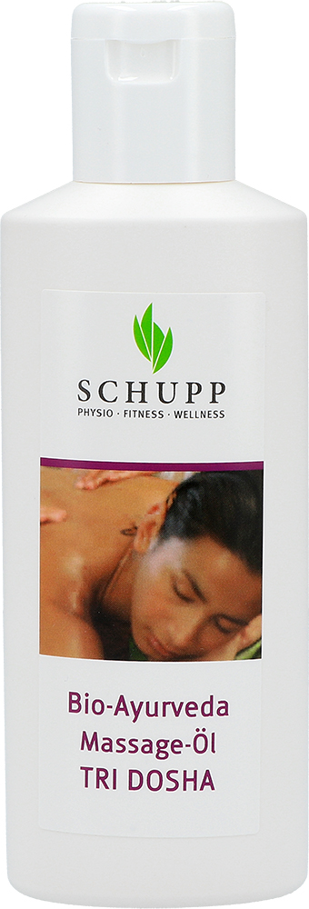 Flacone bianco con tappo flip-top. Etichetta: logo Schupp verde, mani che massaggiano delicatamente la schiena, scritta «Olio da massaggio ayurvedico biologico TRI DOSHA». Per rilassanti massaggi Abhyanga, ideale per armonizzare il Vata.