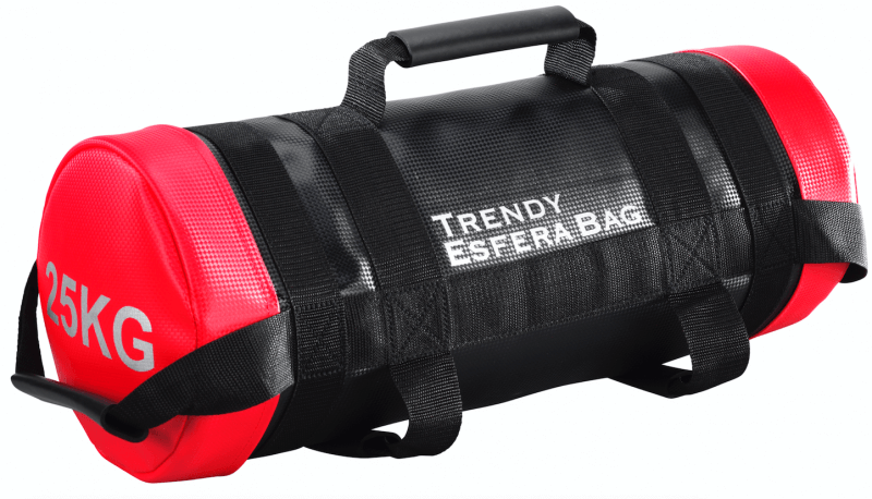 Cylindrical black Trendy Esfera weight bag with red ends and silver-coloured ‘25KG’ lettering. Fine texture, several black fabric handles and loops. White ‘TRENDY ESFERA BAG’ logo at the top.