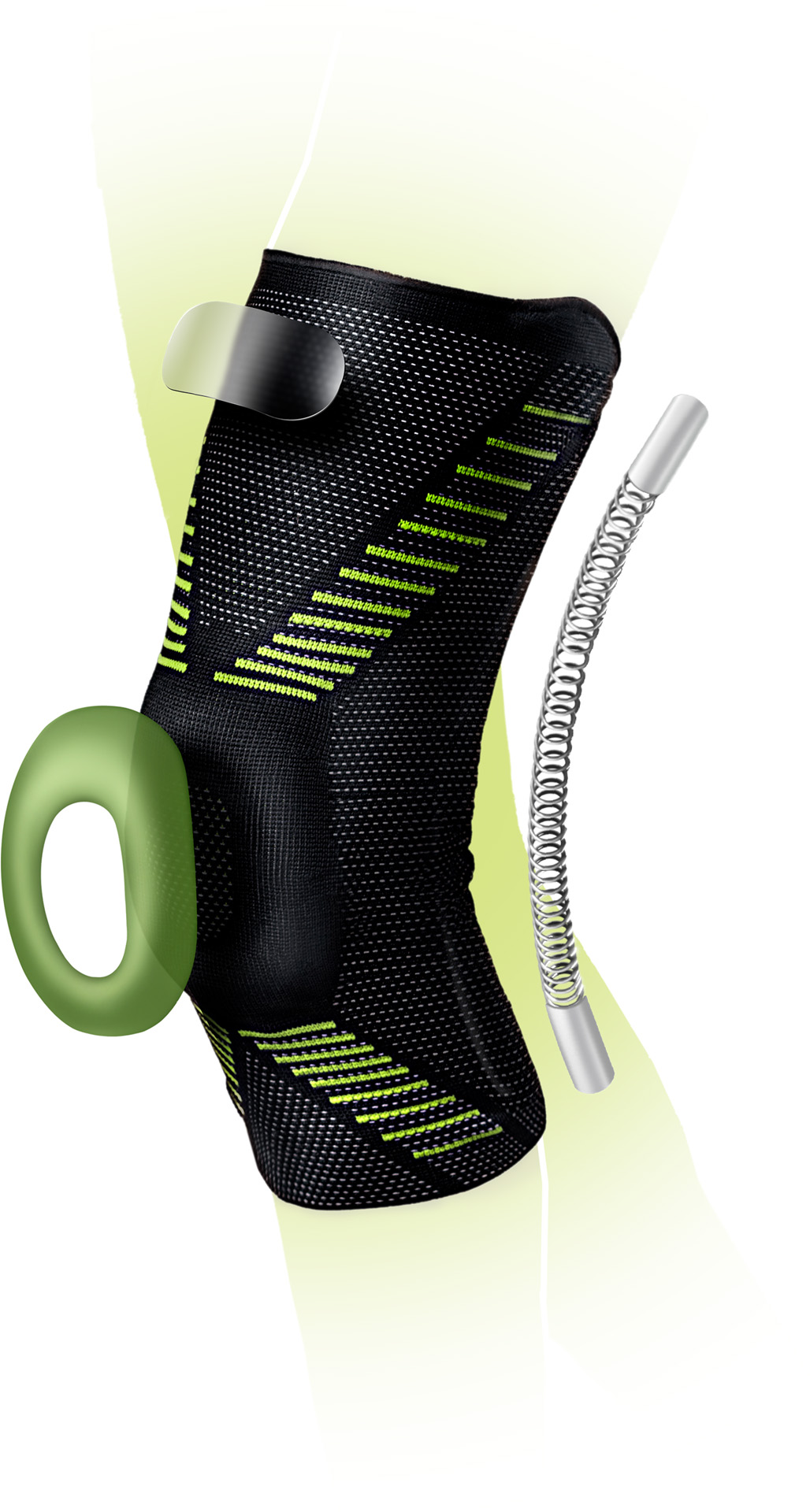 Black knee support with neon-green accents. An oval green gel pad and a flexible silver support bar provide relief and stabilisation for the knee joint. Breathable material with a dotted texture.