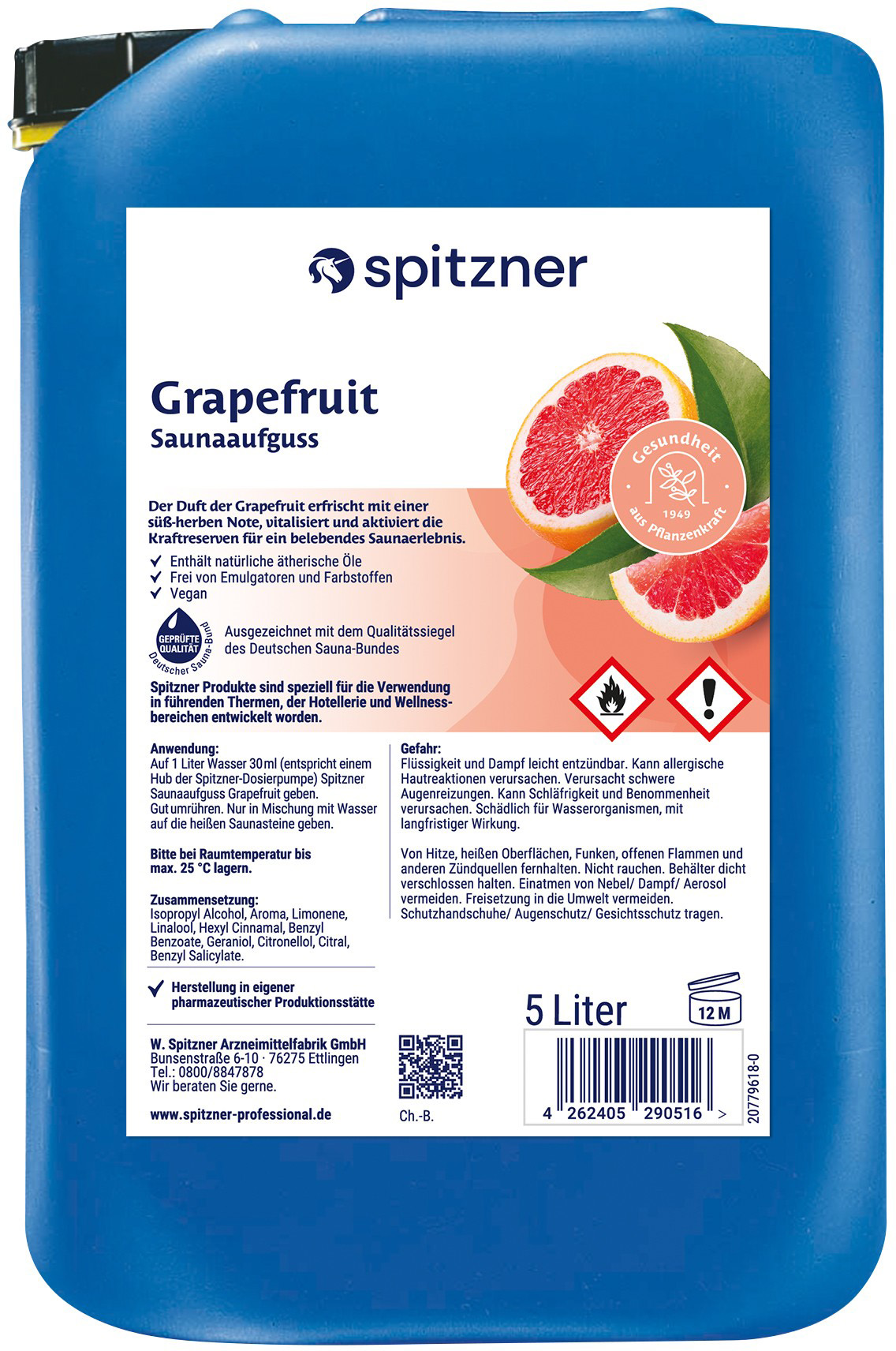 Bidon bleu 5 L d'infusion pour sauna au pamplemousse « Spitzner », avec couvercle jaune. Étiquette : pamplemousse rose coupé avec feuilles, parfum frais et acidulé pour renforcer les défenses immunitaires. Mentions légales, ingrédients, pictogrammes.