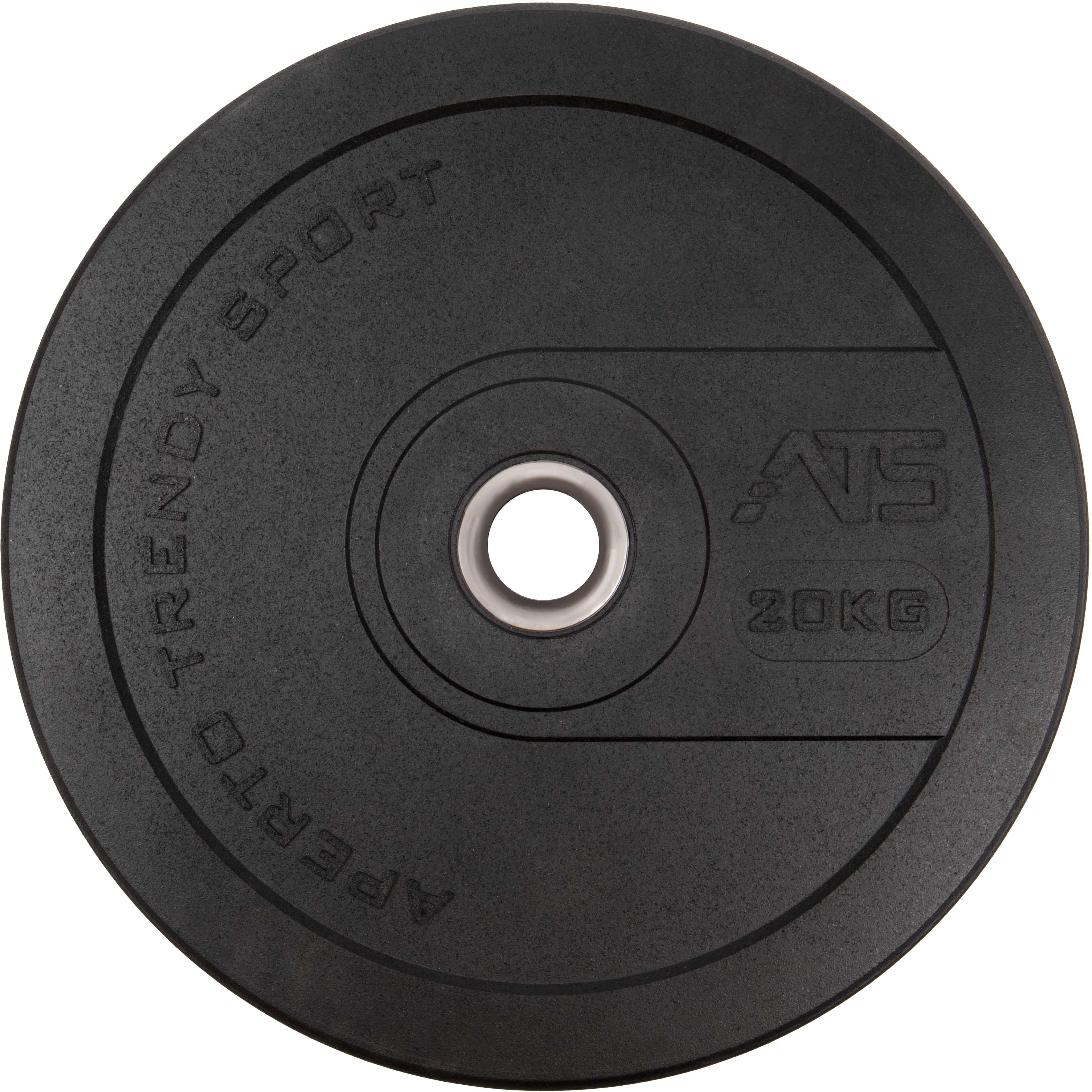 Disque de musculation rond noir, en granulés de caoutchouc recyclés, sur fond blanc. Surface mate, légèrement granuleuse. Ouverture métallique argentée au centre. En haut : « Trendy Sport », en bas : « APERTO ».