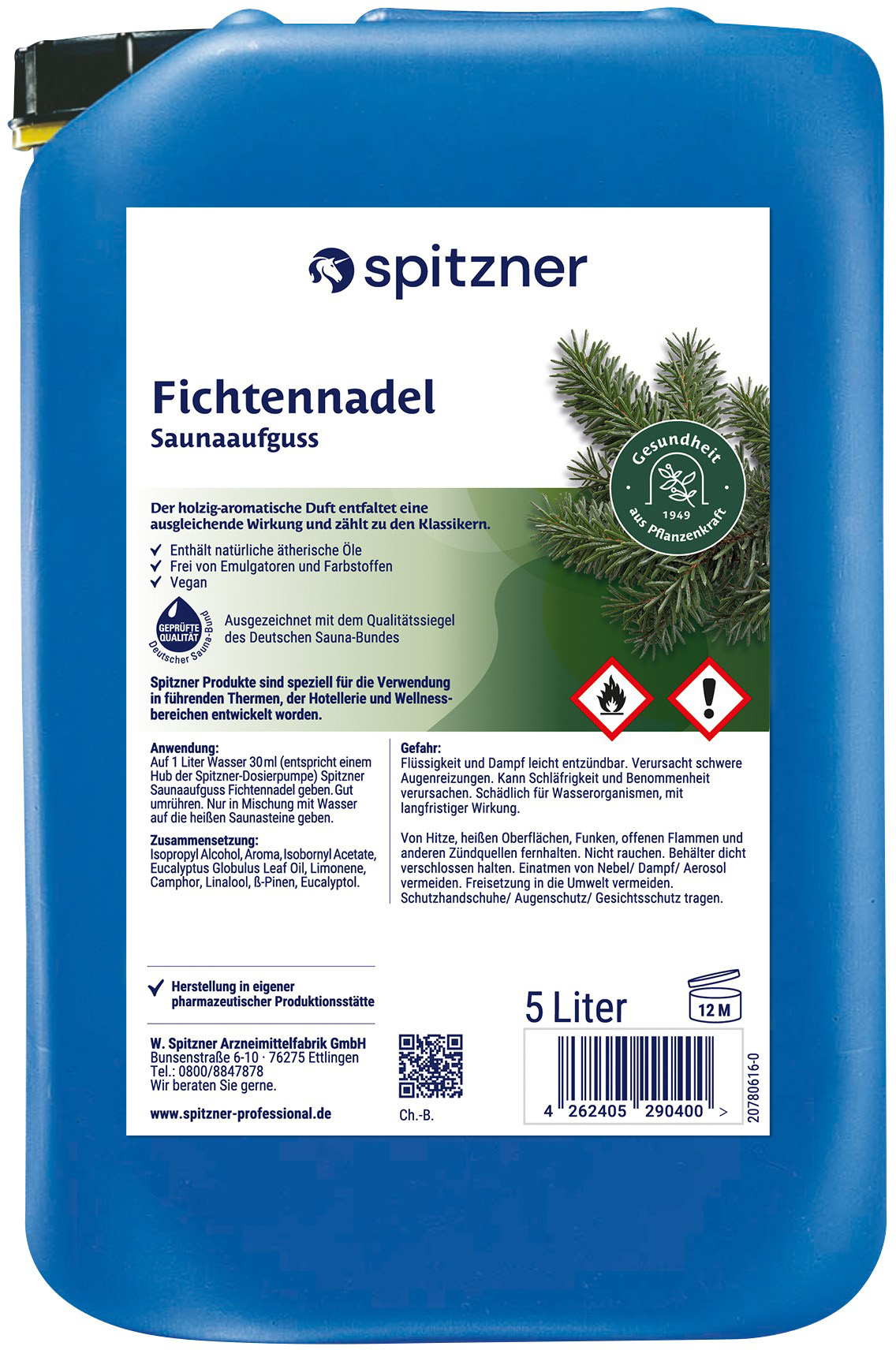 Bidon bleu « Spitzner » contenant une infusion sauna aux aiguilles d'épicéa. Étiquette blanche avec nom de marque, variété « aiguilles d'épicéa » et illustration de branches vertes. Mention «La santé grâce au pouvoir des plantes», 5 L visibles.