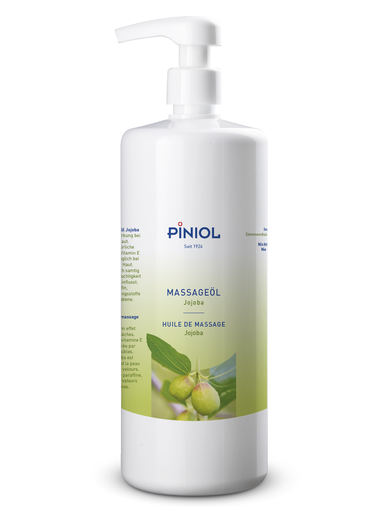 Large white ‘ Piniol ’ massage oil bottle with a pump cap, filled with jojoba oil. Label: ‘MASSAGE OIL Jojoba’ with an illustration of green jojoba fruits; also ‘HUILE DE MASSAGE Jojoba’. On a white background.