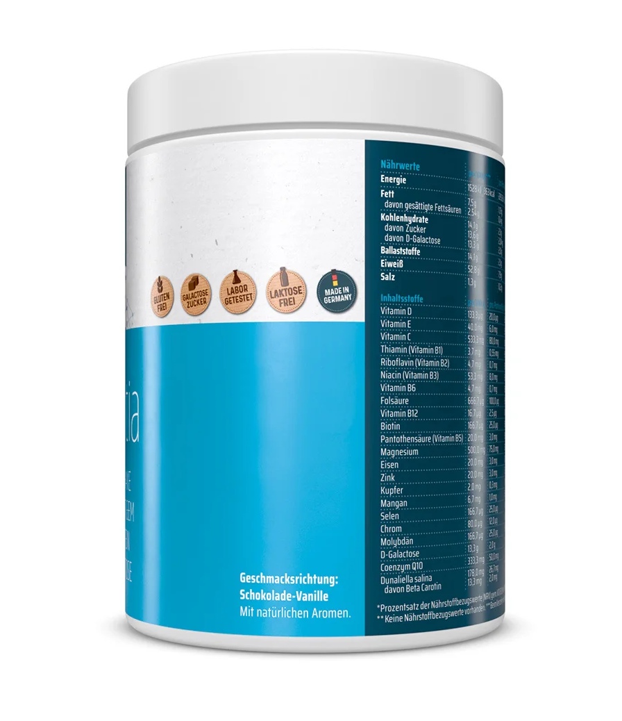 Pot Essentia Shake blanc et bleu, légèrement incliné vers l'arrière. Étiquette indiquant le tableau nutritionnel ainsi que les vitamines et minéraux. Symboles : sans gluten, sucre galactose, sans lactose, fabriqué en Allemagne. Saveur : chocolat-vanille.