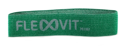 Bande de résistance FLEXVIT Mini verte en caoutchouc textile tissé, plate sur fond clair. Surface texturée avec « FLEXVIT » en gris clair, symbole infini et mention « MINI ». Résistante, douce pour la peau ; stabilisation, étirements, mobilisation.