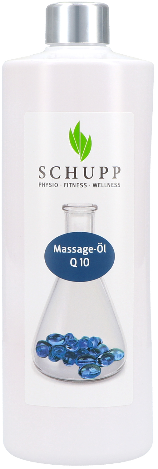 Flacone bianco alto e opaco con tappo a vite argentato. Etichetta bianca con logo Schupp verde e la scritta «PHYSIO FITNESS WELLNESS». Ovale blu: «Olio da massaggio Q 10». Sotto, un matraccio di Erlenmeyer con perline di vetro blu.