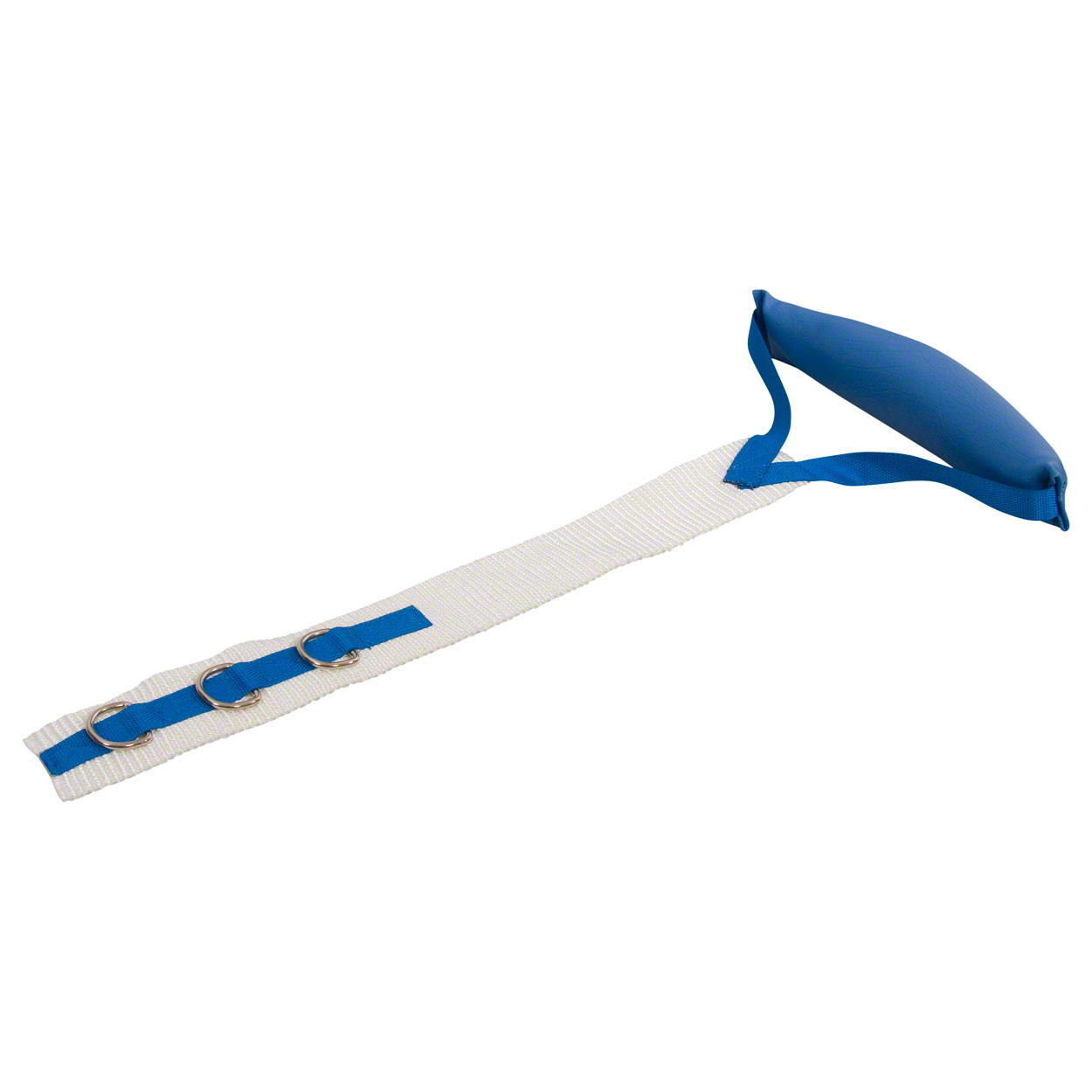 Cable pull handle with a blue, padded grip. Attached to this is a long white webbing strap with a blue backing, featuring three silver metal rings for attachment to the cable machine. Suitable for various cable pull exercises.