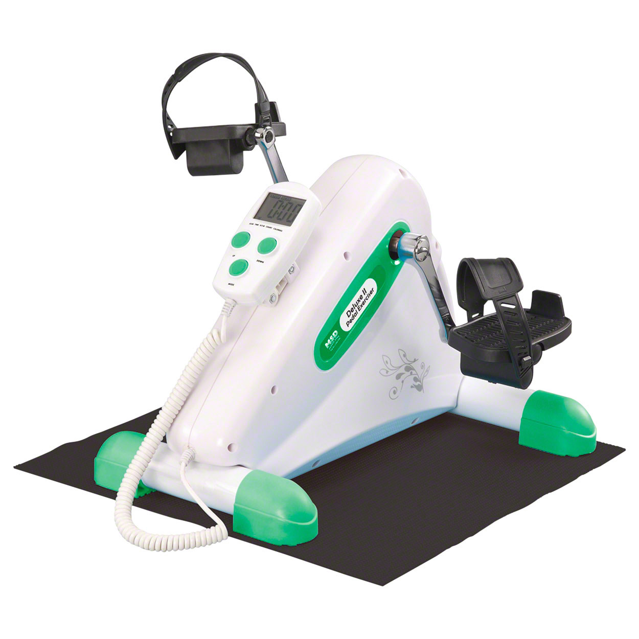 Kompakter weiss-grüner Arm- und Beintrainer auf schwarzer rutschfester Matte. Motorunterstützt mit Pedalen und verstellbaren Riemen, LCD-Display und Bedientasten am kabelgebundenen Handschalter. Für passives Training.