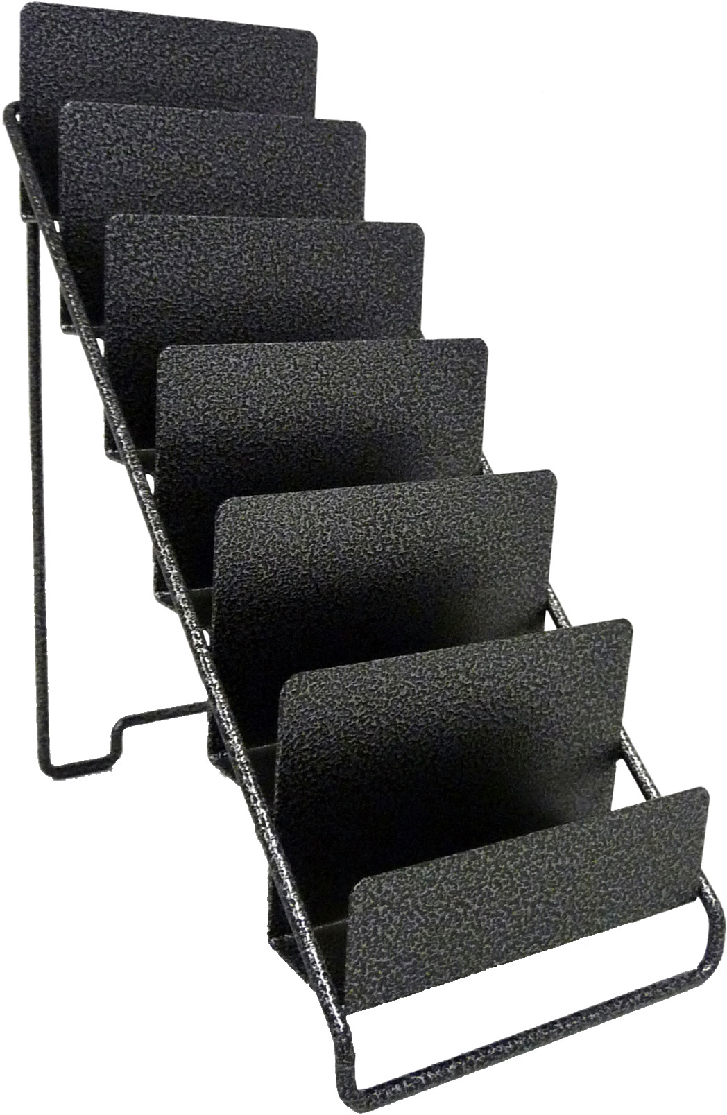 Black, textured metal display with six slanted compartments for the organised storage of Moves Flex-Ion hand trainers. Arranged in a stepped formation to optimally showcase the different resistance levels.