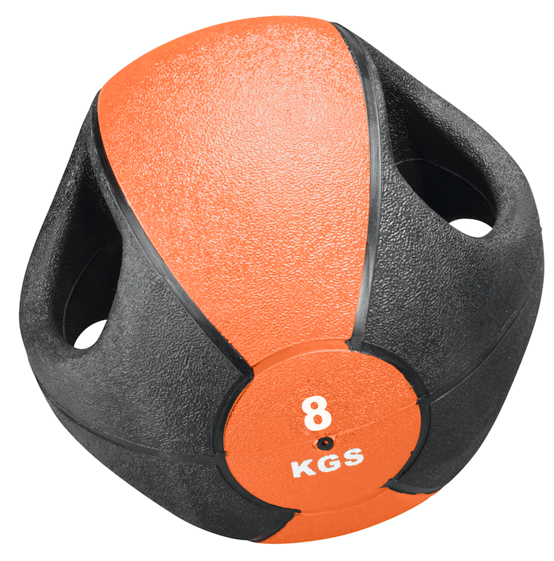 Ballon médicinal rond (Esfera) noir et orange, doté d’une surface texturée antidérapante. Quatre poignées intégrées pour une prise en main sûre lors des exercices de musculation et de fitness. Sur la bande orange : « 8 KGS » et valve à aiguille.