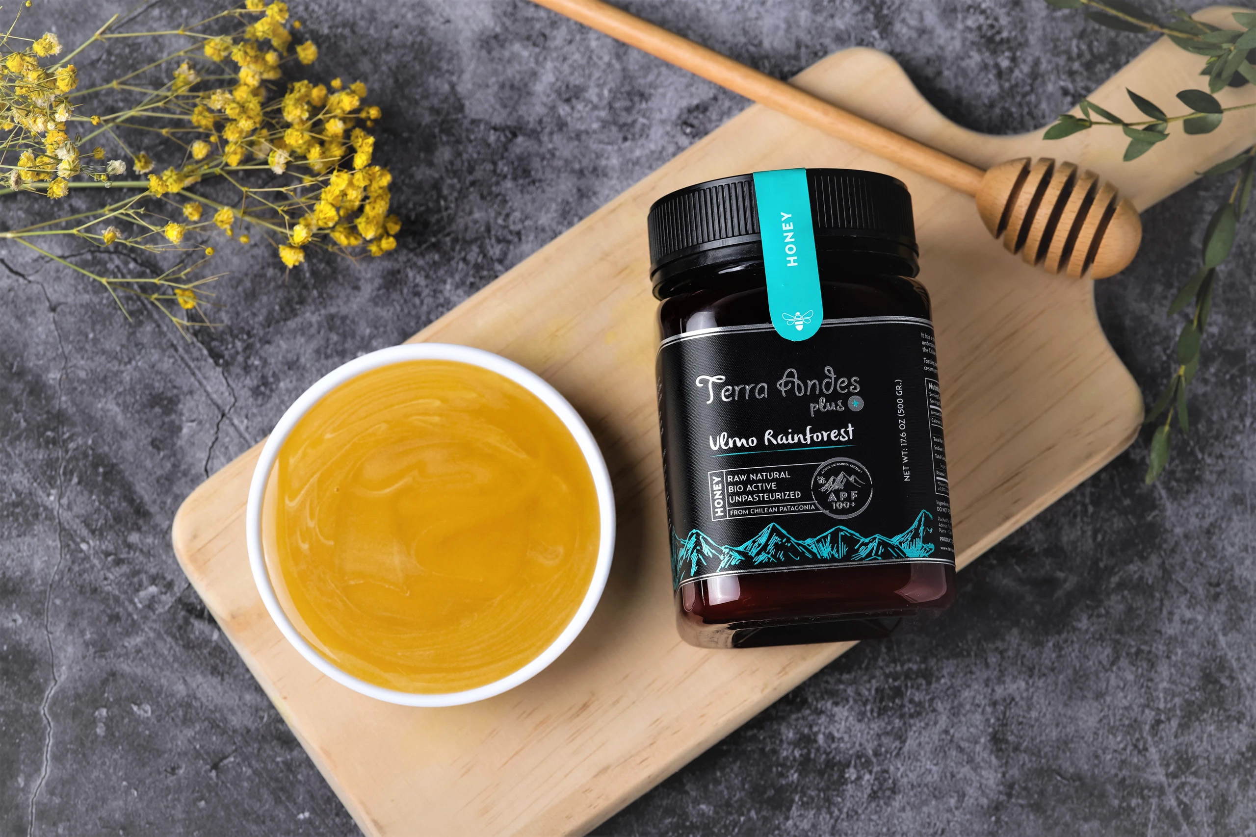 Vaso di vetro scuro aperto Terra Andes Plus con miele Ulmo Rainforest, etichetta blu e APF 200, accanto a una ciotola bianca con miele cremoso giallo dorato su tagliere di legno chiaro. A destra un cucchiaio da miele.