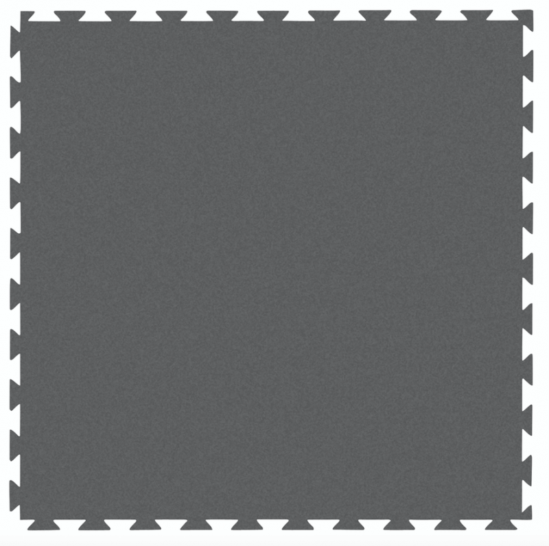 Dark grey, square floor protection mat with interlocking edges for joining several mats together. Slightly textured surface. Sturdy and gentle on the joints, ideal for gyms, therapy rooms and under sports equipment.