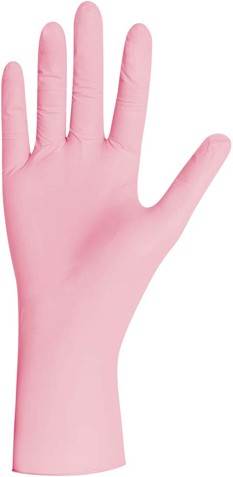 Rosafarbener Nitril-Einmalhandschuh, Handfläche nach vorn, Finger leicht gespreizt. Sichtbarer Rollrand am Handgelenk. Glatte, dehnbare Oberfläche steht für Schutz und Reissfestigkeit bei hygienischen/medizinischen Anwendungen.
