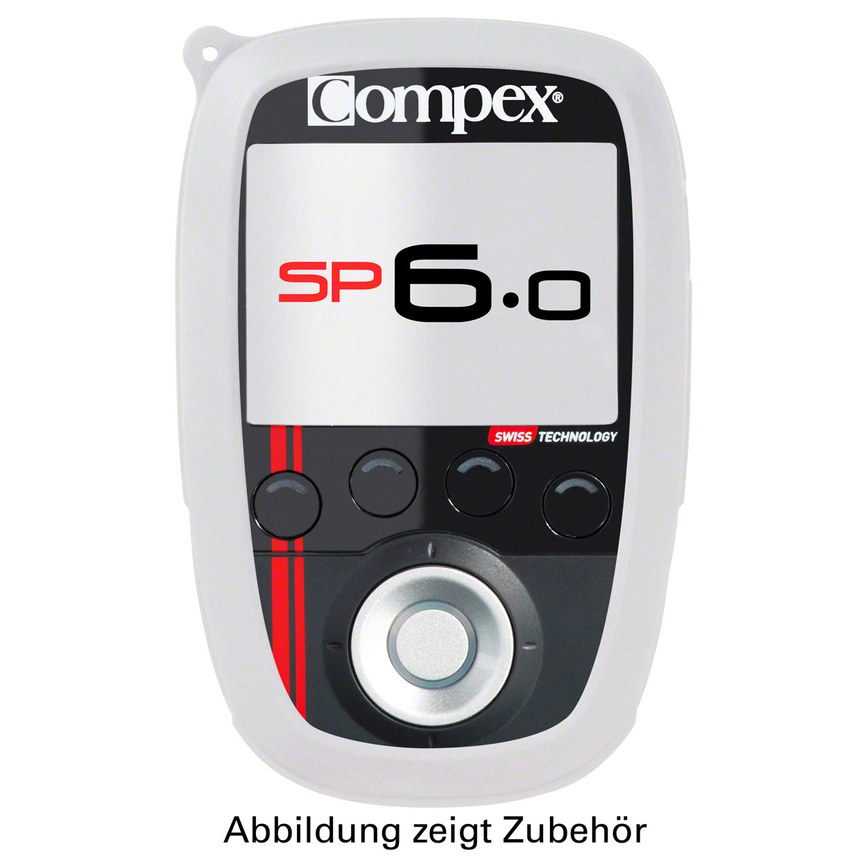Compex SP 6.0 electrostimulation device in light grey, with a white display featuring ‘SP’ in red and ‘6.0’ in black. At the bottom are three black control buttons and, in the centre, a large, round silver knob. There is a mounting eyelet at the top left.
