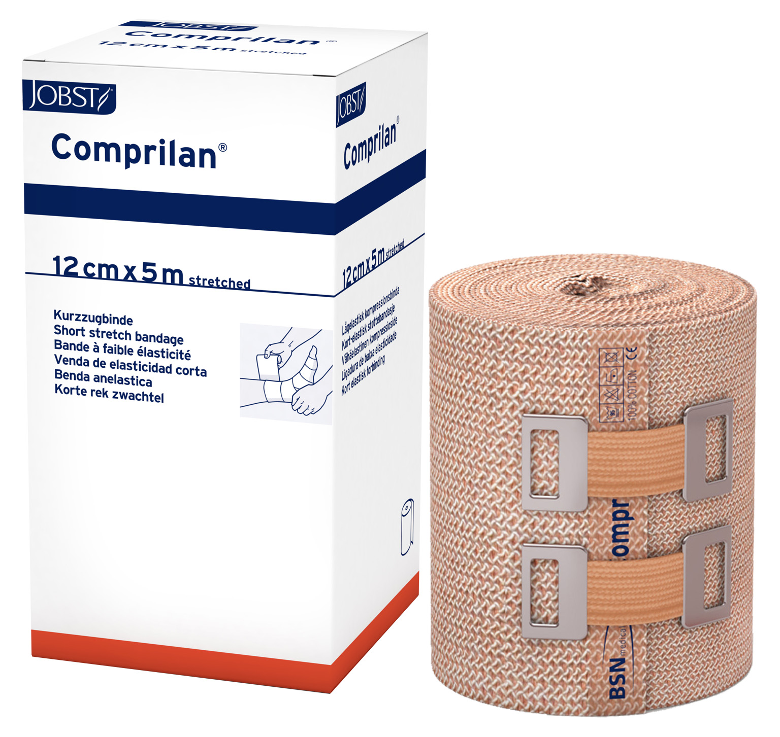 Confezione bianca JOBST Comprilan per benda elastica a trazione ridotta color pelle. Scritta: 12 CM x 5 m (allungata) e «benda a trazione breve». Accanto, benda arrotolata con trama fine e 2 fermagli metallici. 100% cotone, senza lattice.