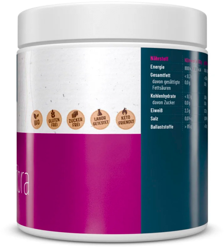 Barattolo bianco con coperchio: Dr. Mosetter Prinzip, polvere di fibra di acacia BIO. Senza glutine e zucchero, testata in laboratorio, adatta a dieta cheto. Tabella valori nutrizionali (incluse fibre).