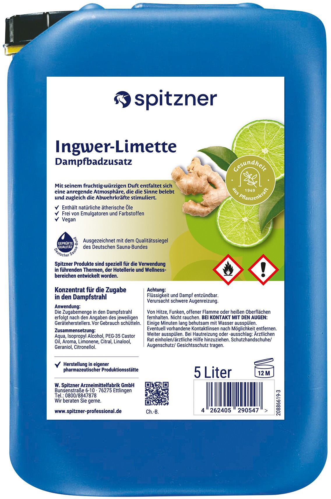 Bidon bleu avec étiquette «Spitzner, additif pour hammam gingembre-citron vert», 5 l. Illustration: racines de gingembre frais et rondelles de citron vert. Renforce l’immunité, stimule les sens, certifié Fédération allemande du sauna.