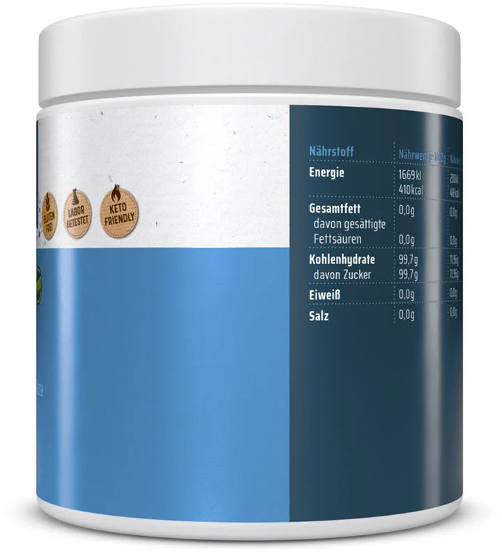 Weisse Dose mit blauem Etikett mit Nährwertangaben (Energie, Fett, Kohlenhydrate, Eiweiss, Salz). Drei runde goldene Siegel links: glutenfrei, laborgetestet, ketofreundlich. Dr. Mosetter T09 Balance Boost.