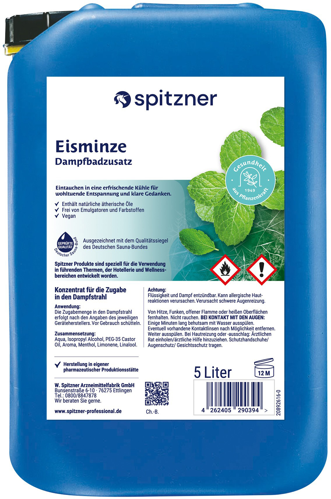 Spitzner Additif pour bain de vapeur Menthe glacée - bidon de 5 litres