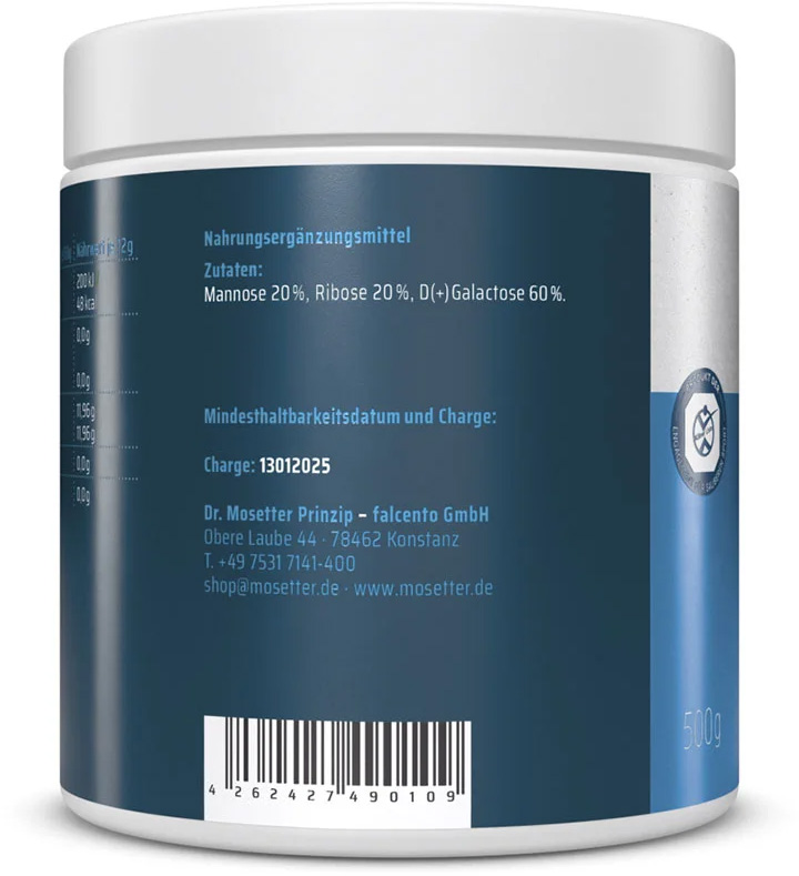 Weisse Dose Nahrungsergänzungsmittel T09 Balance Boost (Dr. Mosetter Prinzip). Dunkelblaues Etikett: Mannose 20%, Ribose 20%, D(+) Galactose 60%. Charge 13012025, Hersteller-Kontakt, Barcode, Füllmenge 500g.
