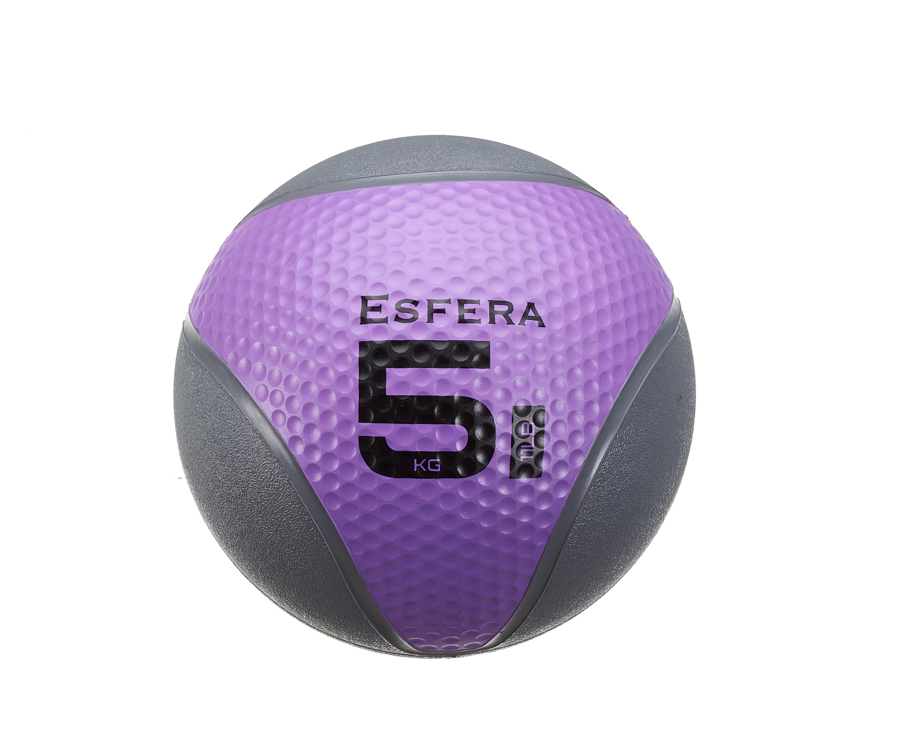Ballon médicinal Esfera violet avec une surface à picots et des segments gris sur fond blanc. Inscriptions « ESFERA » et « 5 KG » en noir. Résistant, idéal pour le fitness, la musculation et la rééducation.