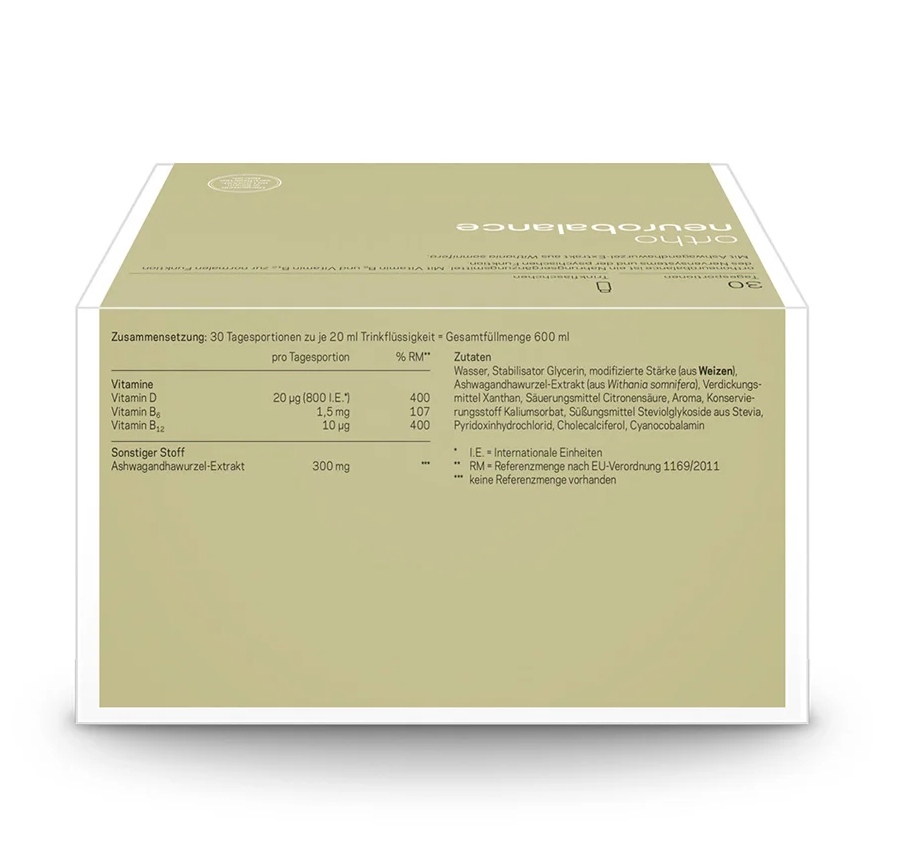 Emballage rectangulaire blanc et vert clair du complément alimentaire Dr. Mosetter Neurobalance, vu légèrement de dessus. Face latérale avec infos nutritionnelles : vitamines D, B6, B12, extrait d'ashwagandha, ingrédients.