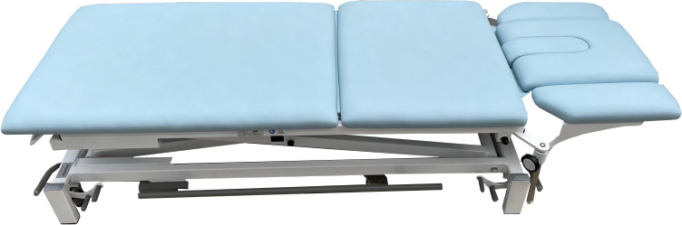 Light blue treatment couch with adjustable sections and a U-shaped face cut-out. On a sturdy, height-adjustable white metal frame with castors. Suitable for medical or physiotherapy use, with soft padding.