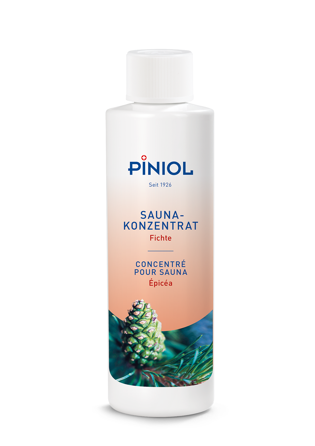 Flacon cylindrique blanc « Piniol » : concentré pour sauna « Épicéa » sur fond blanc. Étiquette avec nom de la marque et du produit (en allemand et en français) et illustration d’une pomme de pin verte avec aiguilles, dégradé.